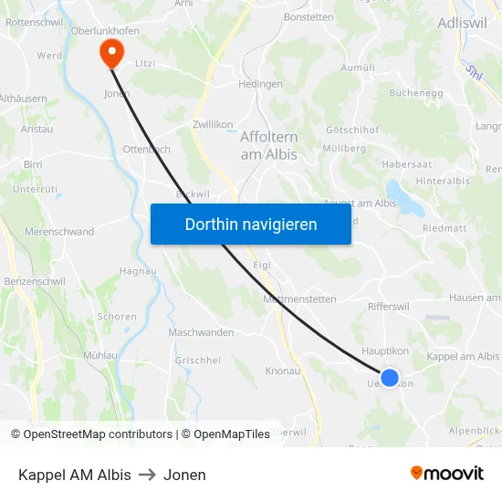 Kappel AM Albis to Jonen map