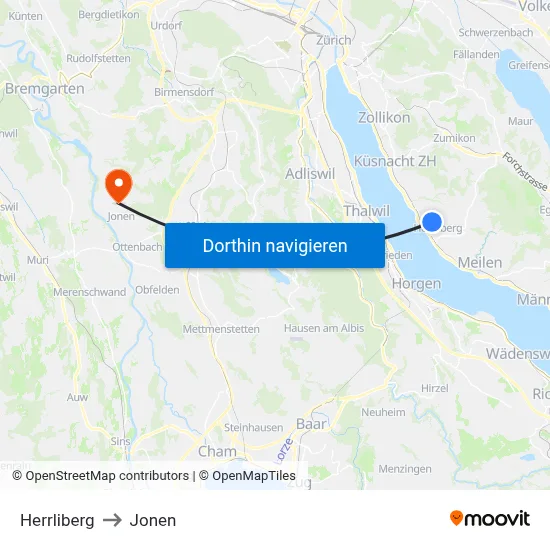 Herrliberg to Jonen map