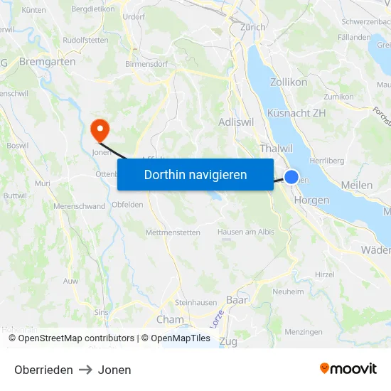 Oberrieden to Jonen map