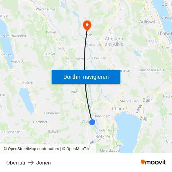 Oberrüti to Jonen map