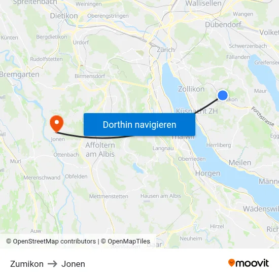 Zumikon to Jonen map