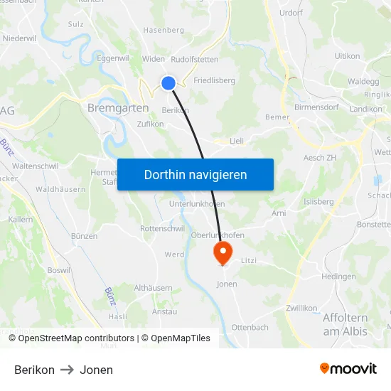Berikon to Jonen map