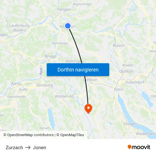 Zurzach to Jonen map