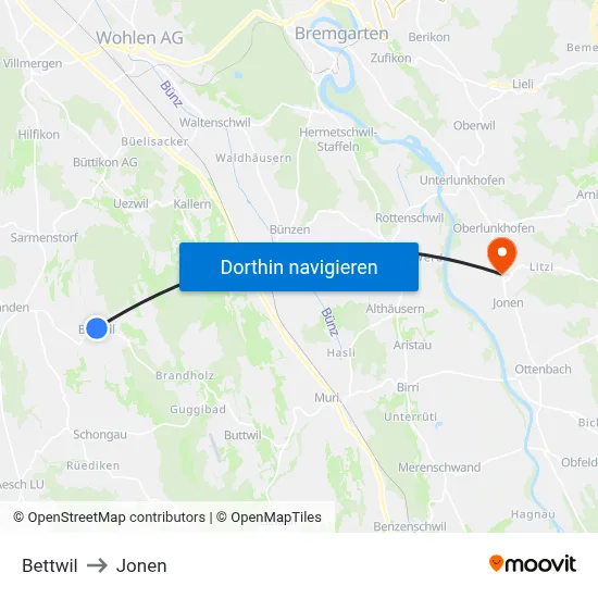 Bettwil to Jonen map