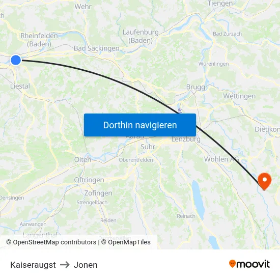 Kaiseraugst to Jonen map