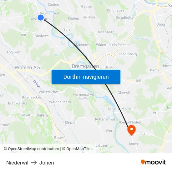 Niederwil to Jonen map
