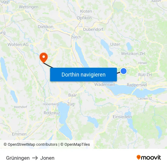 Grüningen to Jonen map