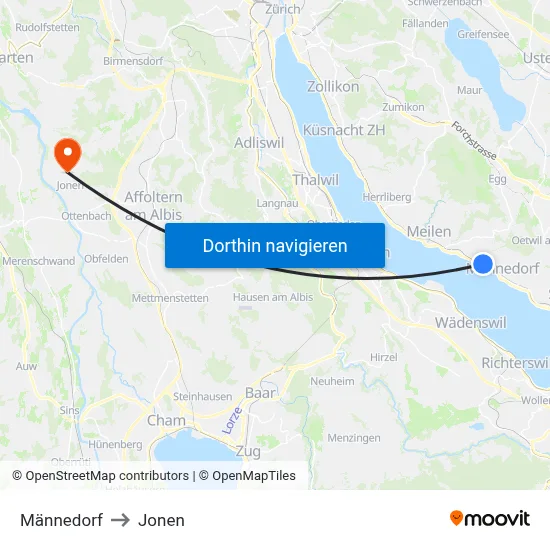 Männedorf to Jonen map