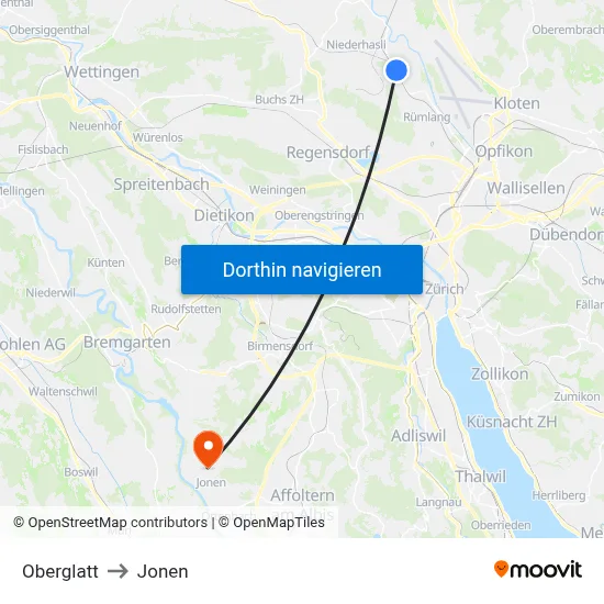 Oberglatt to Jonen map
