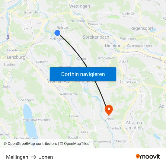 Mellingen to Jonen map