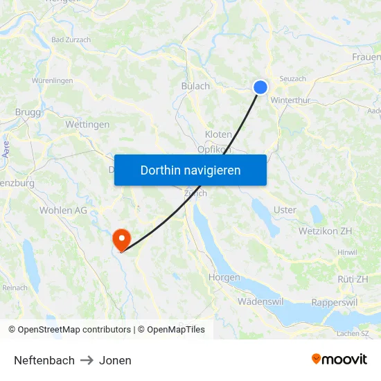 Neftenbach to Jonen map