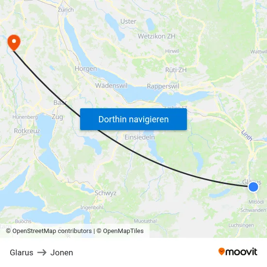 Glarus to Jonen map