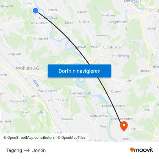 Tägerig to Jonen map