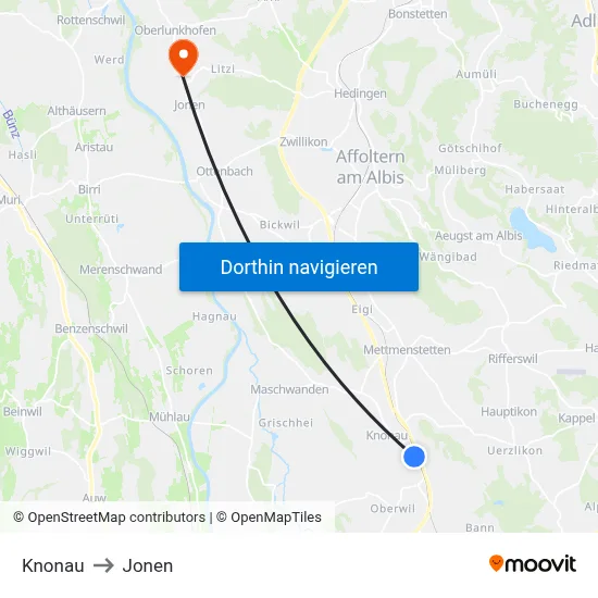 Knonau to Jonen map
