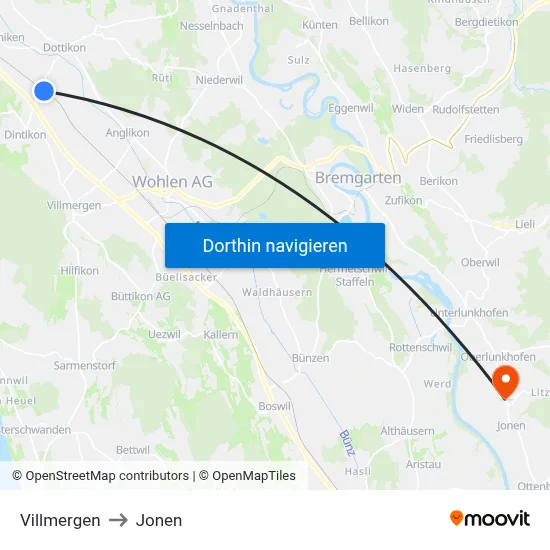 Villmergen to Jonen map