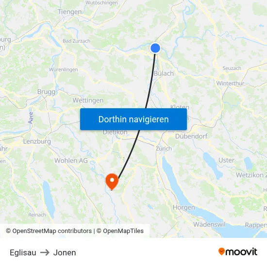 Eglisau to Jonen map