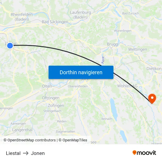 Liestal to Jonen map