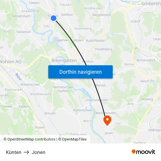 Künten to Jonen map