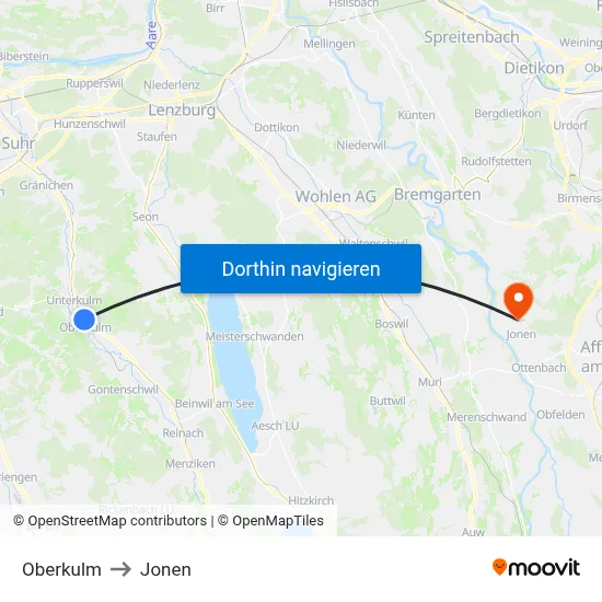 Oberkulm to Jonen map