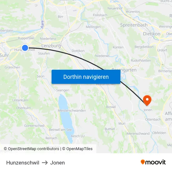 Hunzenschwil to Jonen map