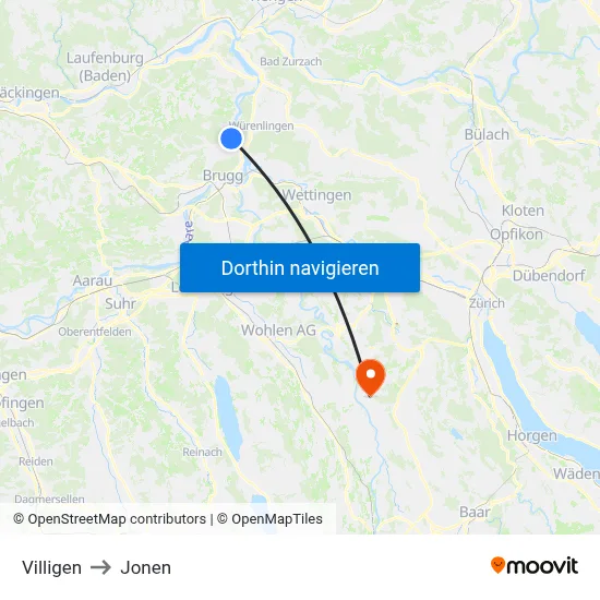 Villigen to Jonen map