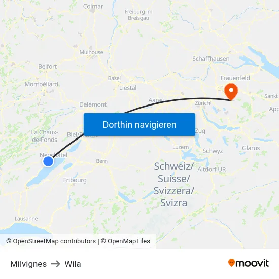 Milvignes to Wila map