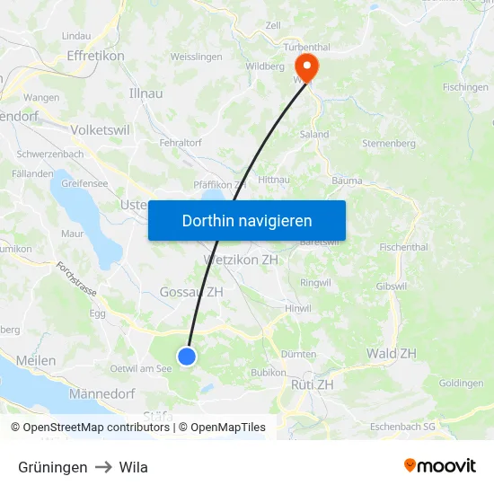 Grüningen to Wila map
