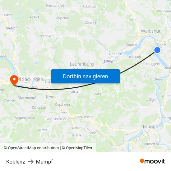 Koblenz to Mumpf map