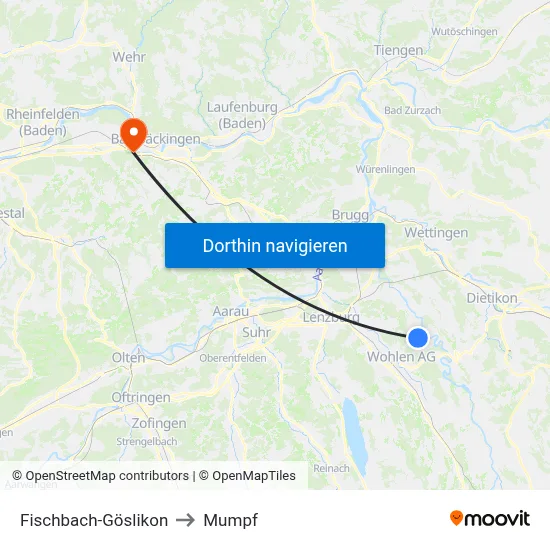 Fischbach-Göslikon to Mumpf map