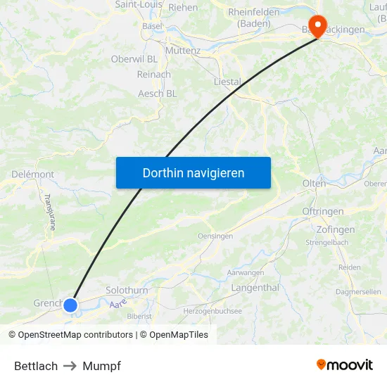 Bettlach to Mumpf map