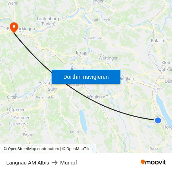 Langnau AM Albis to Mumpf map