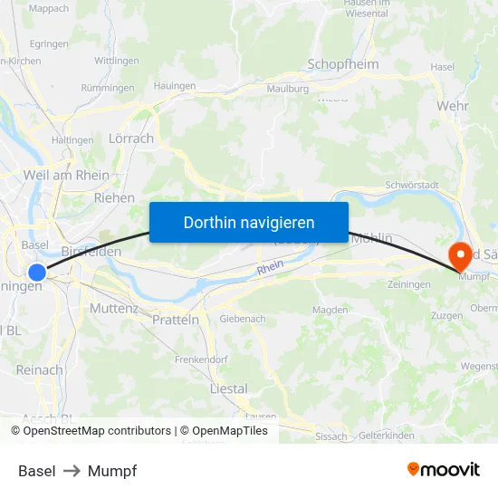 Basel to Mumpf map