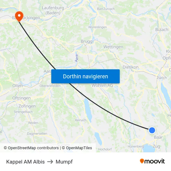 Kappel AM Albis to Mumpf map
