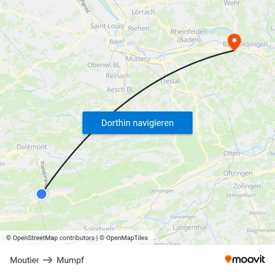 Moutier to Mumpf map