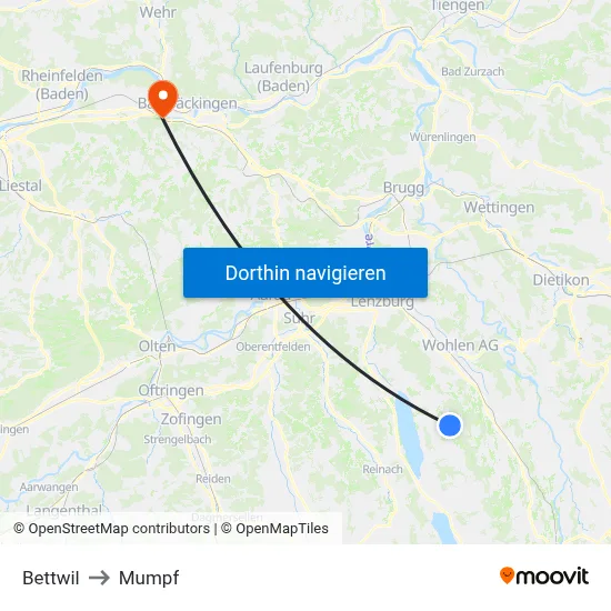 Bettwil to Mumpf map