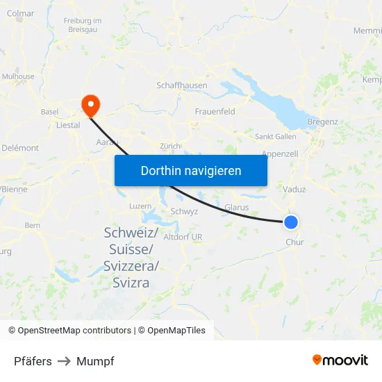 Pfäfers to Mumpf map
