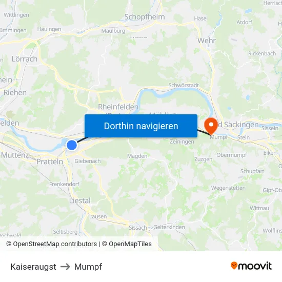 Kaiseraugst to Mumpf map