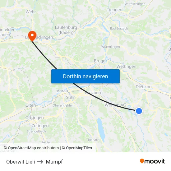 Oberwil-Lieli to Mumpf map
