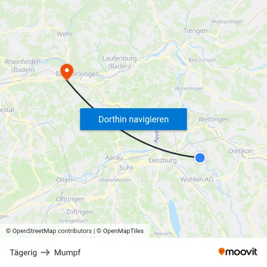 Tägerig to Mumpf map