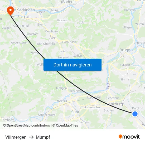 Villmergen to Mumpf map