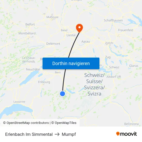 Erlenbach Im Simmental to Mumpf map