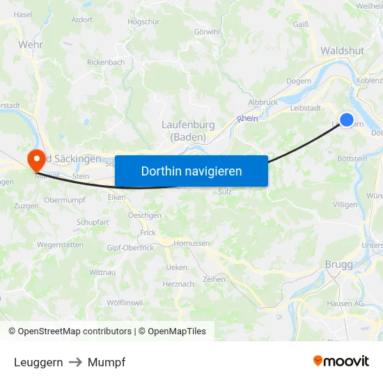 Leuggern to Mumpf map