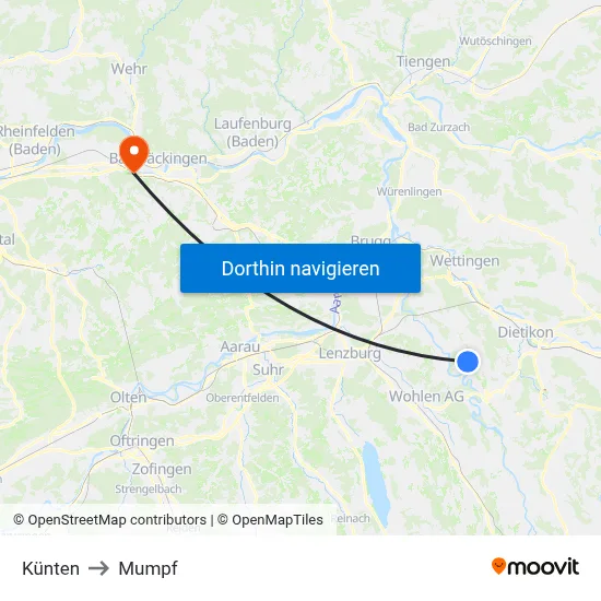 Künten to Mumpf map