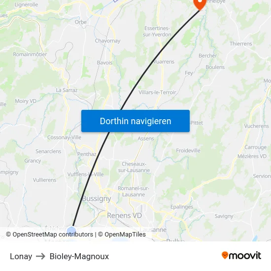 Lonay to Bioley-Magnoux map