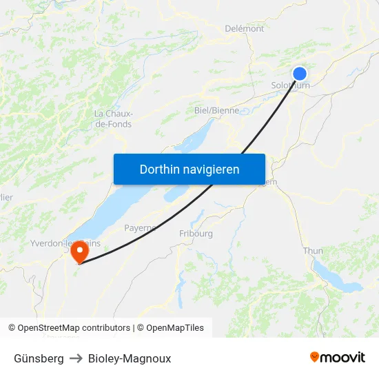 Günsberg to Bioley-Magnoux map