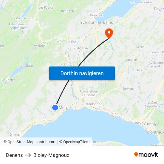 Denens to Bioley-Magnoux map