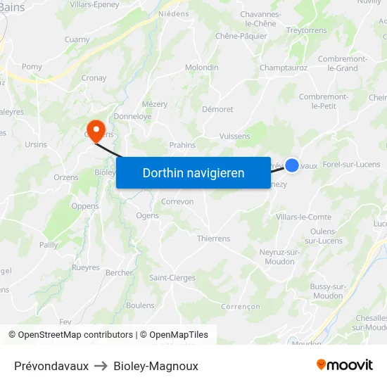 Prévondavaux to Bioley-Magnoux map