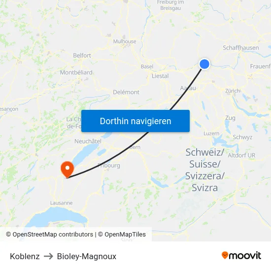 Koblenz to Bioley-Magnoux map
