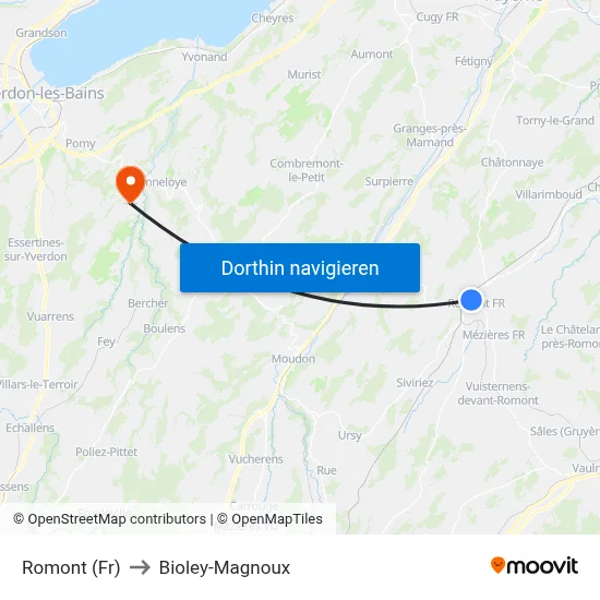 Romont (Fr) to Bioley-Magnoux map