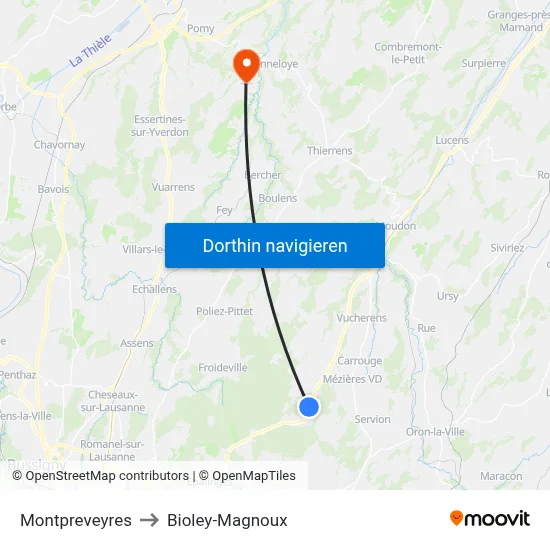 Montpreveyres to Bioley-Magnoux map